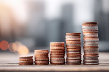Poster - Stacks of shiny coins increasing in height, representing financial growth and investment returns, placed on a rustic wooden surface, with blurred background.