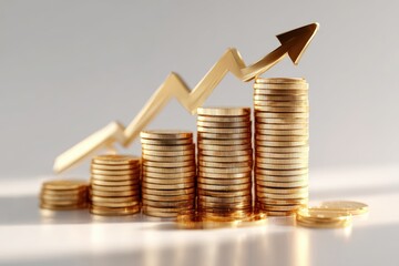 Poster - Golden coins stacked up to form rising graph with gold arrow. Business financial success and investment growth, profit increase. Financial concept, rich and wealth, investment growth, success.