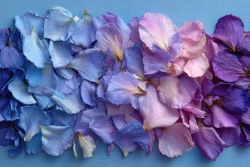 Poster - An ombre of delicate flower petals in shades of blue, purple, and pink, creating a soft and beautiful gradient on a pastel blue background, soft focus aesthetic.