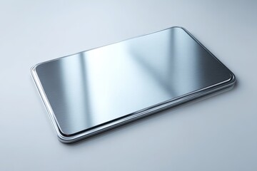  - Close-up of a brushed metal plate showing reflections on its surface with subtle light, creating a modern, minimalist industrial aesthetic, design element.