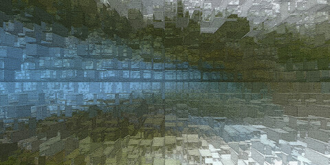 Fototapete - Abstract cityscape mosaic in green and blue hues
