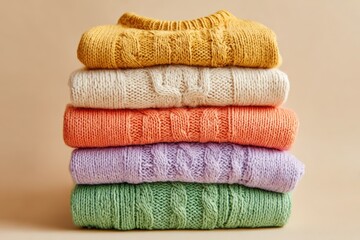 Poster - A neatly stacked pile of colorful knit sweaters for the autumn or winter season, displaying various textures and warm, pastel shades on a simple, neutral background.