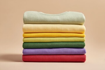 Poster - Stack of colorful knitted sweaters neatly folded on a beige surface, displaying a harmonious blend of pastel and vibrant hues for a modern and cozy aesthetic.