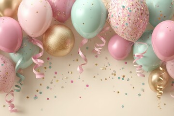 Poster - A whimsical arrangement of pastel balloons and confetti against a neutral backdrop, creating a festive and celebratory atmosphere with delicate colors and golden accents.