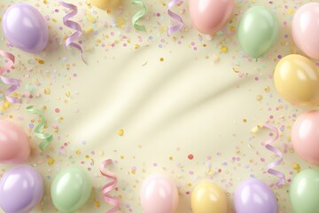 Poster - Pastel balloons with confetti and ribbon decoration for holiday celebrations frame a soft beige background, ideal for party invitations, baby showers, or spring events.