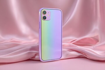 Poster - A close-up shot of a modern smartphone with a gradient color design against a soft pink satin backdrop, showcasing the device's sleek aesthetic and elegant color scheme.