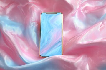 Aufkleber - Golden smartphone showcasing modern design with a vibrant, colorful display, set against a luxurious backdrop of silky, iridescent fabric in pastel pink and blue tones.