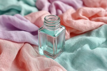 Poster - A square vintage glass bottle with a turquoise tint sits on a soft cloth background. Beautiful aesthetic composition featuring soft, delicate colors and natural light.