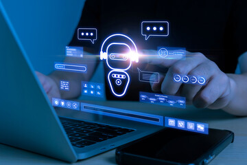online chatbot customer service. customer chat on laptop computer with holographic ai technology ico