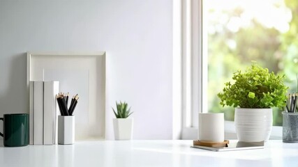 Poster - Bright workspace featuring plants, books, pencils, and a green mug on a white desk near a window with natural light, promoting calm and creativity
