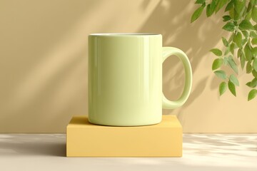 Poster - A minimalistic studio shot showcasing a light green mug on a yellow stand, with subtle leaf shadows against a cream backdrop, creating a simple and clean aesthetic.