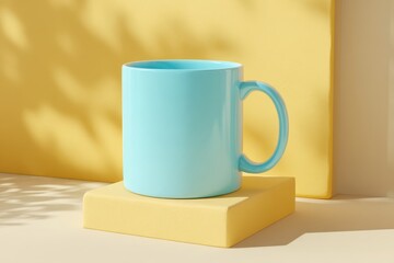 Poster - A pastel blue ceramic mug sitting on a yellow block against a yellow background, showcasing modern design and minimalist aesthetic with subtle shadow play and clean lines.