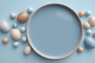Poster - Pastel Easter arrangement with light blue ceramic plate and decorative eggs, offering a soft, minimalistic aesthetic for holiday displays, inviting springtime serenity.