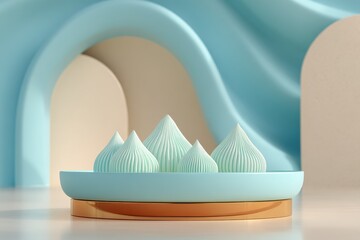 Fototapete - A minimalist abstract composition featuring a group of mint-colored peaks atop a blue bowl against a backdrop of soft blue arches, creating a sense of tranquility.
