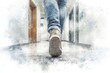 © Watcher - Abstract Watercolor View of Person Walking Down a Corridor, Showing Shoe Sole and Jeans