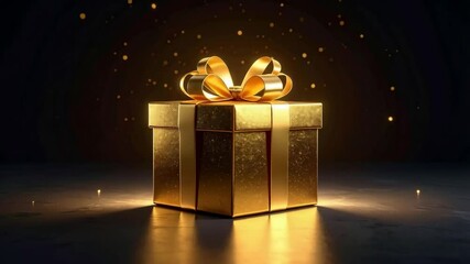 Poster - Elegant shiny golden gift box with beautiful bow illuminated by golden light particles on a dark, textured surface, holiday theme.