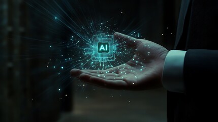 Fototapete - Hand Holding Artificial Intelligence Chip with Glowing Light Rays and a Dark Background Representation.