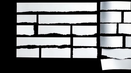 Poster - Collection of white torn paper pieces arranged on a stark black background, design elements for collage and creative projects