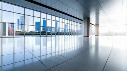 Poster - Modern interior with large windows overlooking a cityscape, filled with natural light and reflective polished floors, creating a sense of spaciousness.
