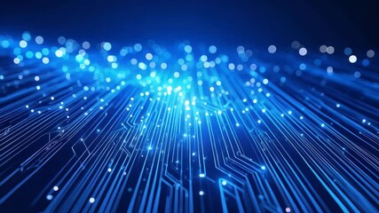 Poster - Abstract blue technology motherboard circuit pattern backdrop with glowing light dots and data transfer lines creating network.