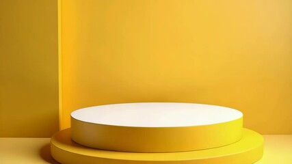 Poster - Minimalist yellow product display podium, round showcase platform, cosmetic pedestal for product presentation, abstract studio background.