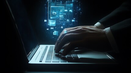 Fototapete - Person Typing on Computer Laptop with Abstract Glowing Interface, Representing Modern Technology and Connectivity.