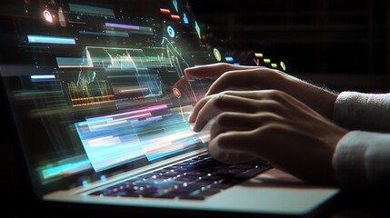 Fototapete - Person using laptop with glowing interface elements for digital creation and exploration of data concepts.