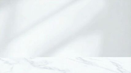 Poster - Elegant white marble table surface against a plain background with gentle shadow patterns, perfect for product photography