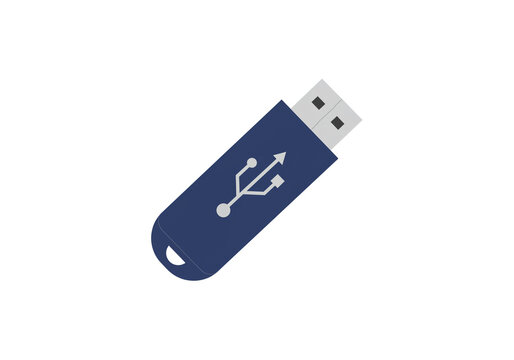 A blue usb flash drive with the usb symbol on the side isolated on a white background in a flat style