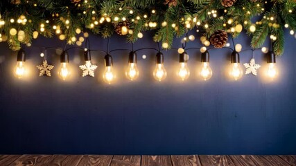 Poster - Festive illumination with string lights and fir branches featuring snowflakes and pinecones on a wooden surface against a dark background.