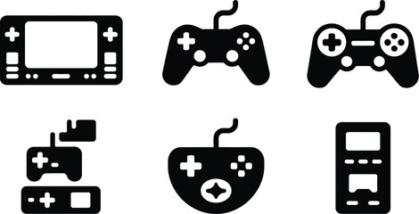 Fototapete - A collection of black and white game console and controller icons arranged on a white background surface