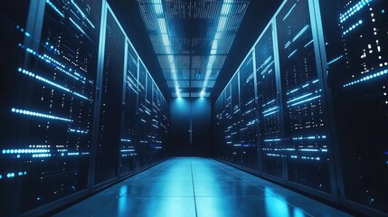 Aufkleber - High-tech data center corridor with illuminated server racks and glowing blue lights, symbolizing secure digital infrastructure, cloud networking, and IT operations