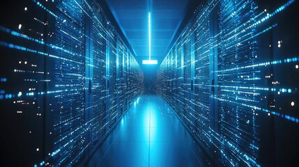 Aufkleber - Futuristic data center hallway with glowing servers, blue neon lights, and digital particles representing high-speed connectivity, cloud storage, and secure infrastructure