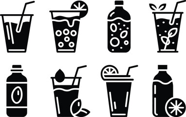 Poster - a collection of black and white vector illustrations of various drinks in glasses and bottles design
