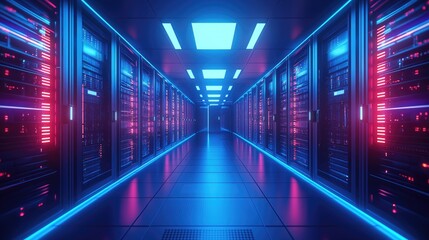 Aufkleber - Futuristic data center hallway with glowing magenta and blue server racks and bright ceiling lights, representing advanced cyber systems, digital networks, and high-speed infrastructure