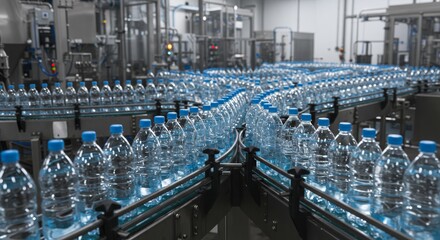 Poster - bottled water production line - rows of plastic water bottles moving along a conveyor belt in a mode
