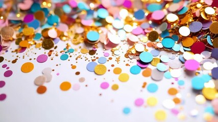 Poster - Colorful Confetti Scatter with Bokeh Lights on White Surface for Celebrations and Festivities