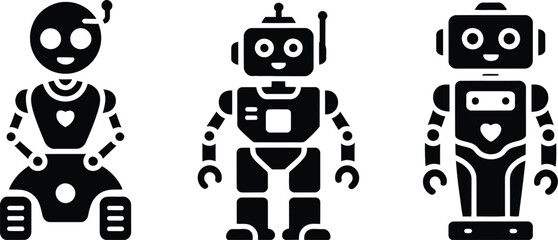 Poster - Three black robot icons with different designs standing on a white background in a row isolated art