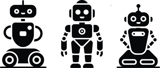 Poster - Three black and white robot icons with different designs standing side by side on a white background