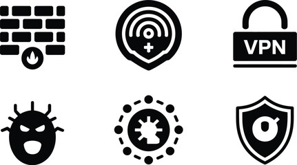 Poster - An illustration showing six different icons related to computer security and internet protection tools