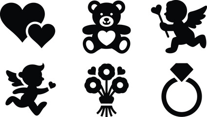 Poster - a collection of valentine's day themed icons including hearts cupid teddy bear flowers and a ring ve