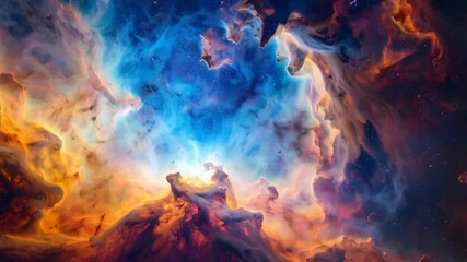 Wall Mural - abstract cosmic cloudscape featuring vivid blues, oranges, and purples with a radiant light source i