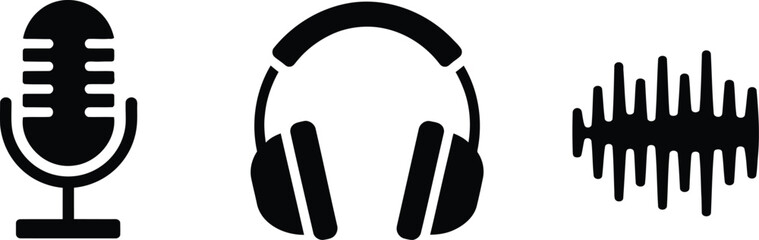 Poster - A black and white illustration of a microphone headphones and sound wave on a white background