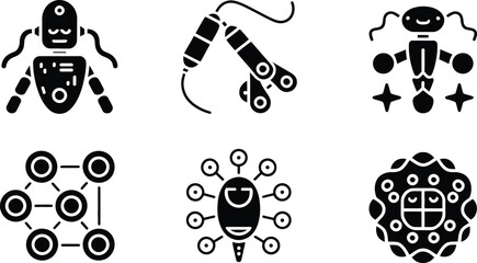 Aufkleber - Various black and white icons depicting robots, networks, and abstract designs in a grid arrangement