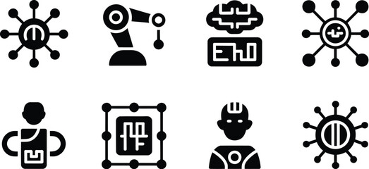 Poster - A set of eight black icons representing artificial intelligence and robotics on a white background