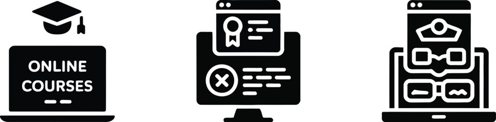 Fototapete - Three icons representing online education and learning on a neutral background in a simple style