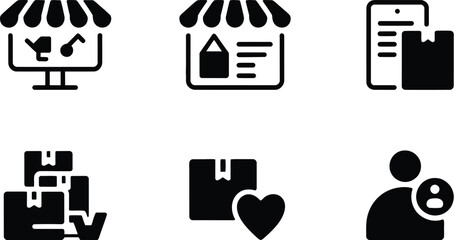 Fototapete - A set of six black and white icons representing online shopping and delivery services in a simple style