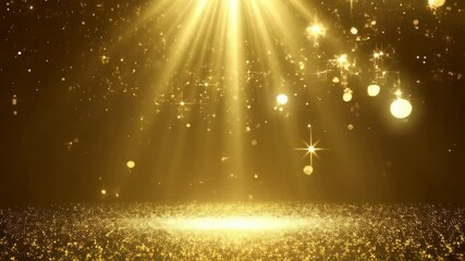 Poster - Elegant golden background with glittering particles, stage spotlight and glowing light beams