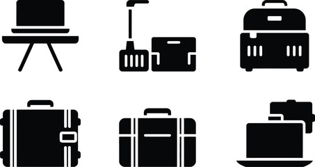 Aufkleber - Illustration of luggage cart laptop on stand and suitcases in black silhouette on white background