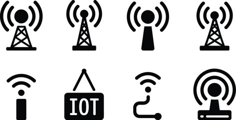 Aufkleber - A collection of eight black iot communication icons isolated on a white background in a graphic style